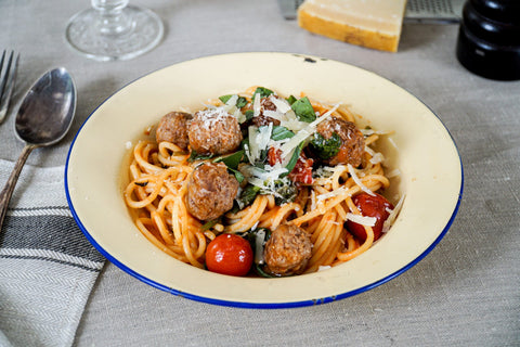 Spaghetti met Gasconne gehaktballetjes en kerstomaatjes